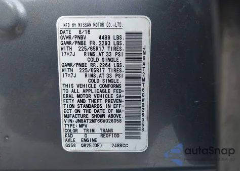 2016 Nissan Rogue Sv из США, поврежденный, VIN JN8AT2MT6GW026058